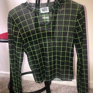 Grid mesh ragged priest long sleeve top